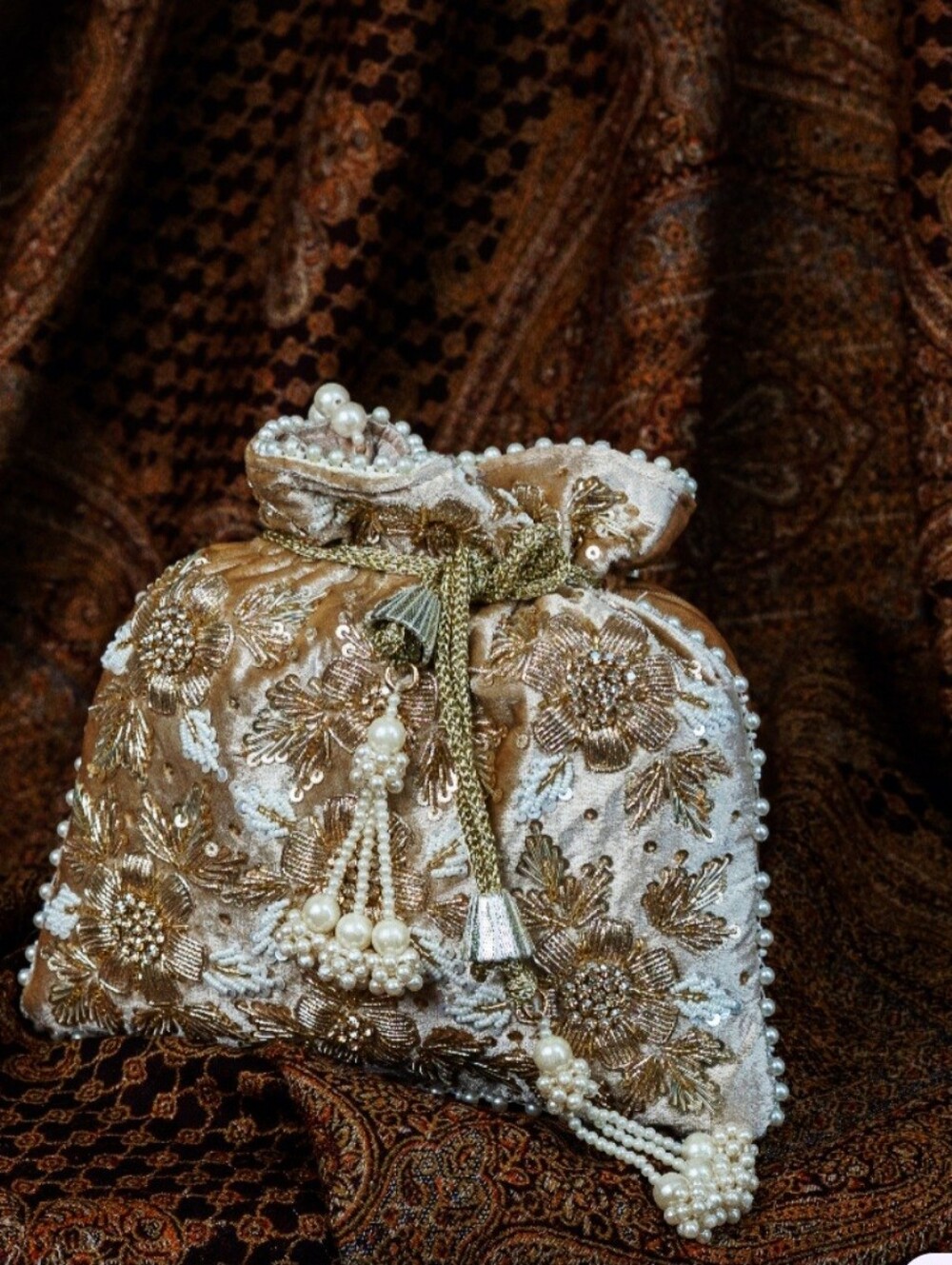 Embellished Gold Floral Drawstring Evening Bag
